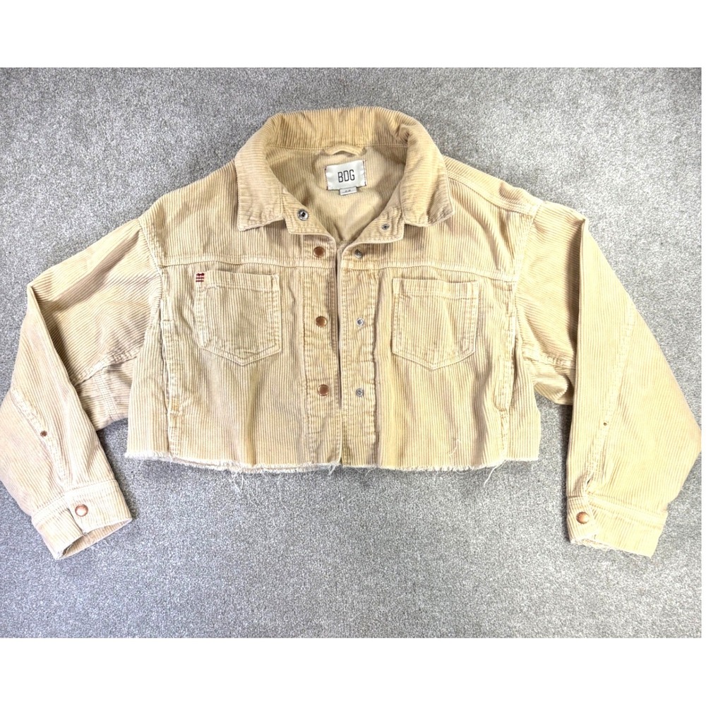 BDG Urban Outfitters Beige Corduroy Cropped Trucker Jacket Raw Hem Womens Small